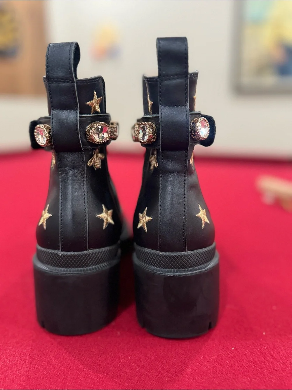GUCCI *Authentic*  Stars and Bee Embroidered Leather Ankle Boots with Belt